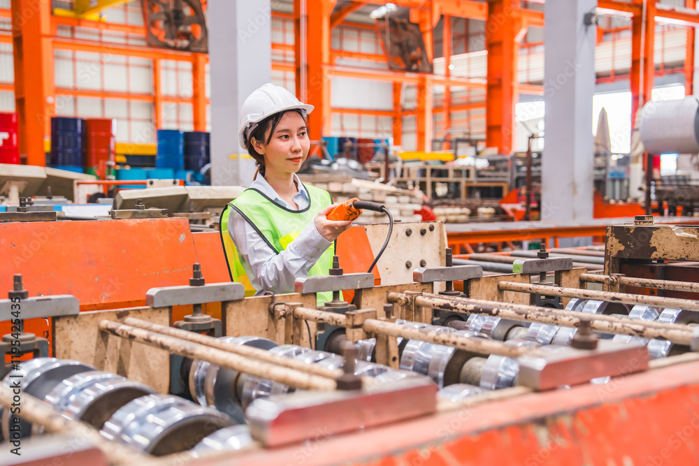 Fototapeta premium Smart Japanese female mechanical engineer is using a remote control to operate a crane or robot in a metal sheet factory. Female expert technical worker is using remote controller to control machine.