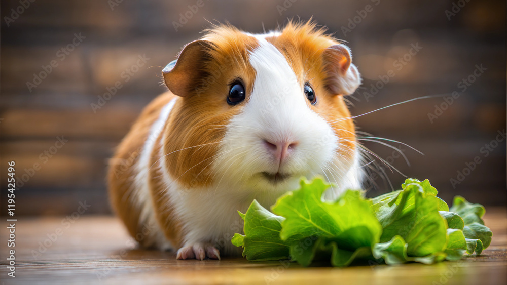 Guinea pig eating fresh lettuce on wooden surface. Guinea pig eating fresh lettuce on wooden surface.