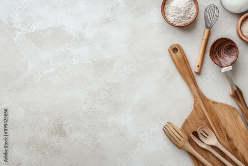 Rustic Kitchen Utensils and Ingredients Arranged on a Light Surface