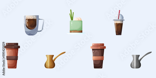 Large adorable set of coffee accessories featuring glass and plastic cups, cezves in gold and silver colors, a paper cup with a lid, and a delicious dessert. Hot beverage design in a cozy style.