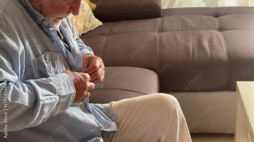Mature man sitting on sofa in house, buttoning his shirt as he prepares for an outing, reflecting a calm and peaceful retirement lifestyle, getting dressed carefully for the day ahead, enjoying time Mature man sitting on sofa in house, buttoning his shirt as he prepares for an outing, reflecting a calm and peaceful retirement lifestyle, getting dressed carefully for the day ahead, enjoying time