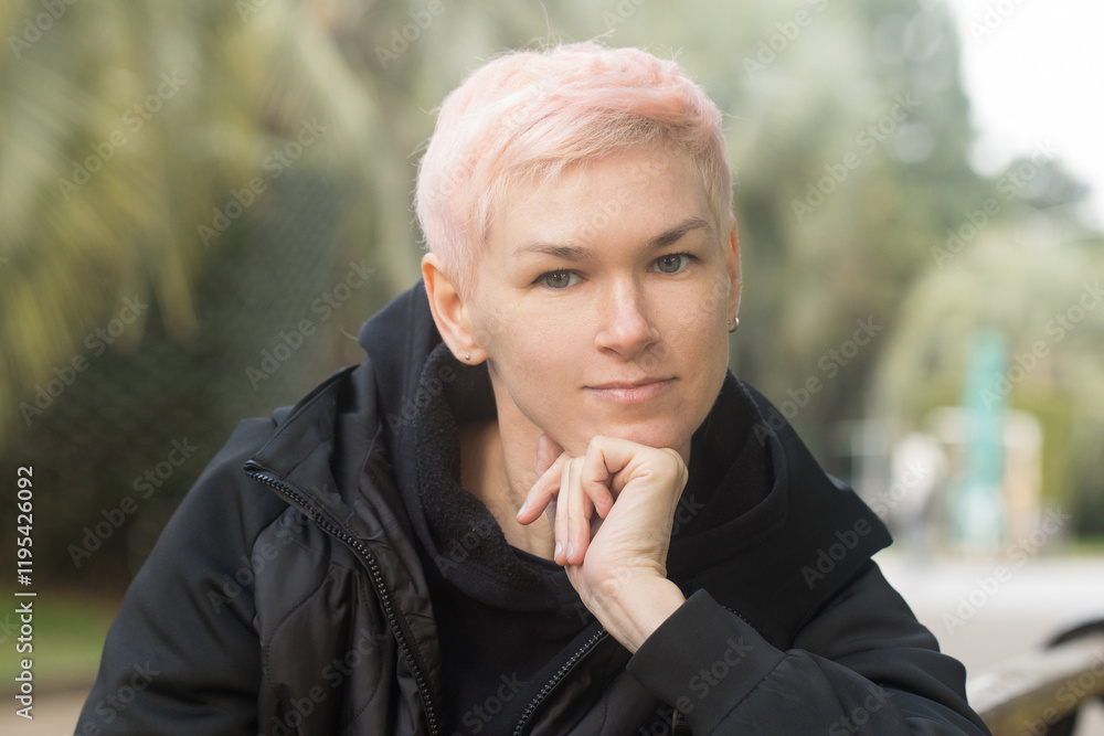 Confident middle-aged woman with short hair and a black jacket outdoors Confident middle-aged woman with short hair and a black jacket outdoors
