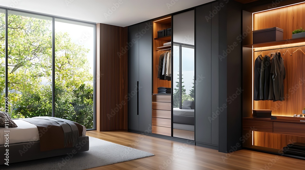 Fototapeta premium Elegant Boutique Inspired Wardrobe with Mirrored Cabinets and Lush Outdoor View A Luxurious and Sophisticated Bedroom Design Solution Offering Ample Storage and Display Space Alongside a Calming