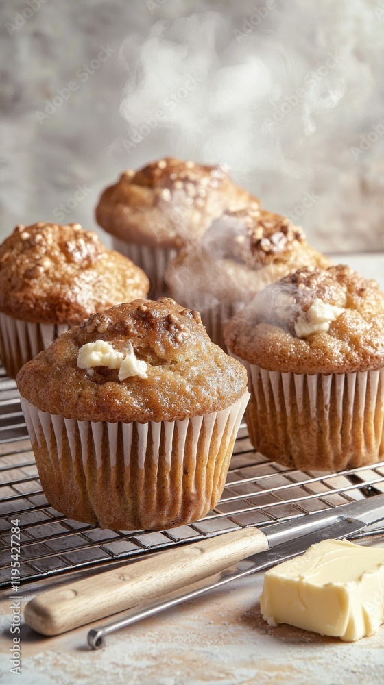 Freshly baked muffins cooling on a rack with steam cozy kitchen food warm environment close-up view Freshly baked muffins cooling on a rack with steam cozy kitchen food warm environment close-up view