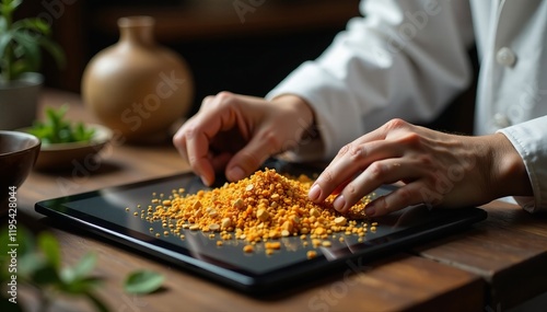 Hands preparing ingredients on a tablet in a cozy, natural kitchen setting.