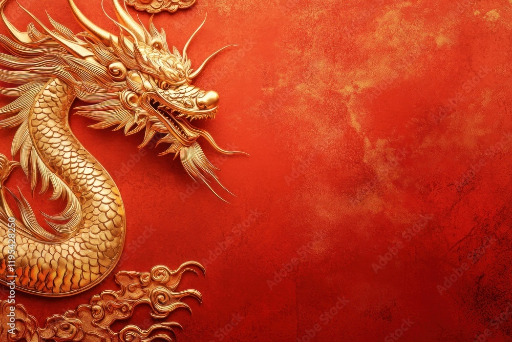 Obraz premium Stunning Gold Dragon Illustration on Vibrant Red Background