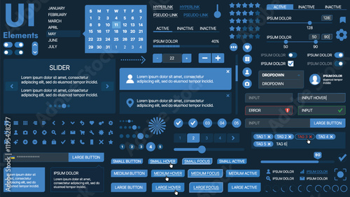 A modern UI kit featuring a collection of buttons, icons, navigation menus, and responsive design elements. Includes login forms, media players, search bars, and calendars, ideal for apps, websites