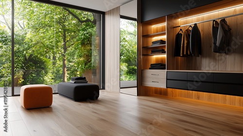 Illuminated dressing room with sleek wooden shelving system and calming views of the lush green outdoors through large windows  A cozy