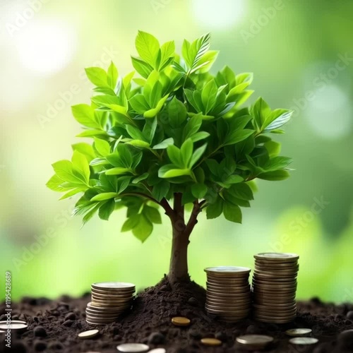 A thriving ecological investment ecosystem, where nature and finance come together. A vibrant green landscape. Coins stacked and scattered on the ground. depicting sustainable investment.