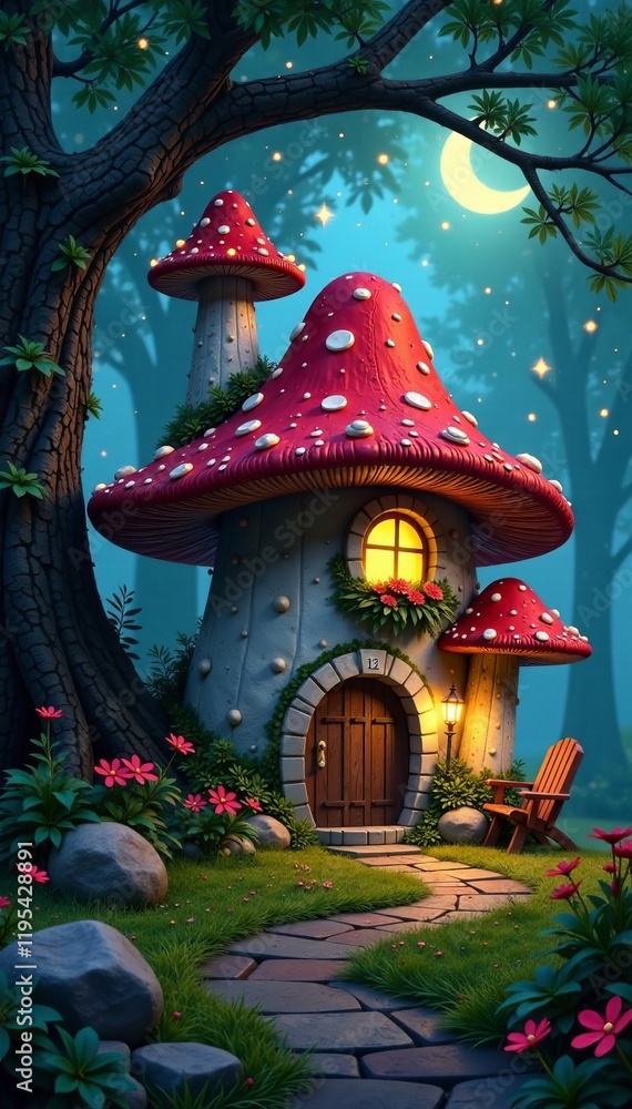 Fototapeta premium Magical mushroom house in a whimsical forest setting under a starry night sky.