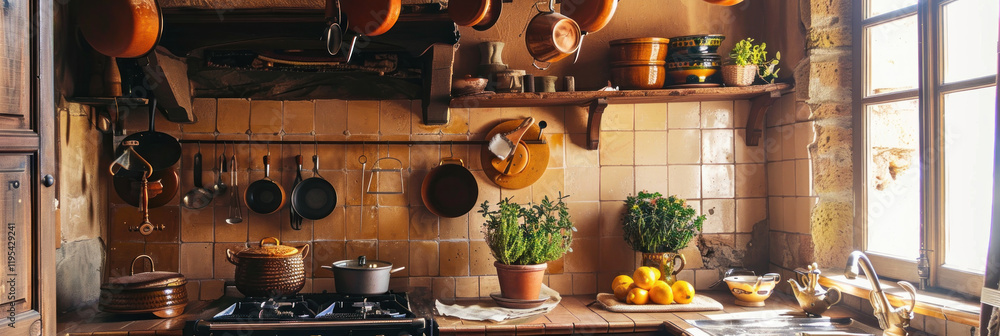 A traditional countryside kitchen with hanging pots, a wood-burning stove, and rustic decor A traditional countryside kitchen with hanging pots, a wood-burning stove, and rustic decor