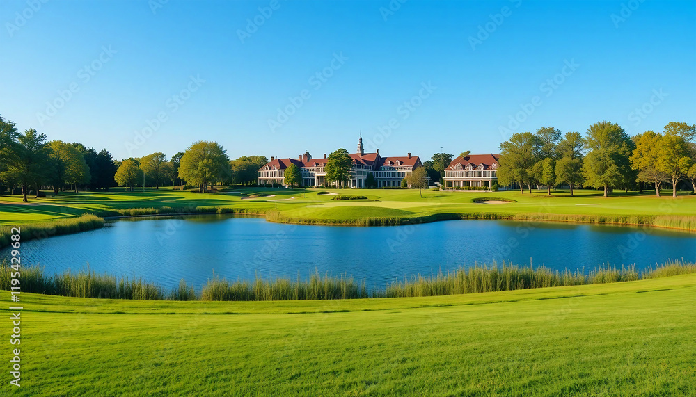 A stunning view of a well-maintained golf course, showcasing a beautiful clubhouse with a tranquil pond reflecting the sky. A stunning view of a well-maintained golf course, showcasing a beautiful clubhouse with a tranquil pond reflecting the sky.