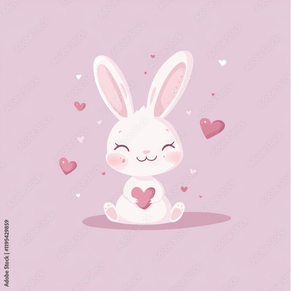 White rabbit sits, holding heart, small hearts float, pink background for love themed designs White rabbit sits, holding heart, small hearts float, pink background for love themed designs