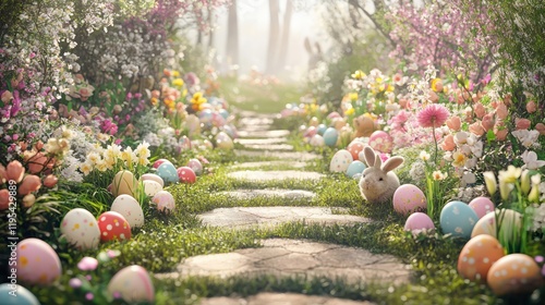 A whimsical spring garden path with blooming flowers, pastel-colored Easter eggs lining the trail, and decorative bunnies.