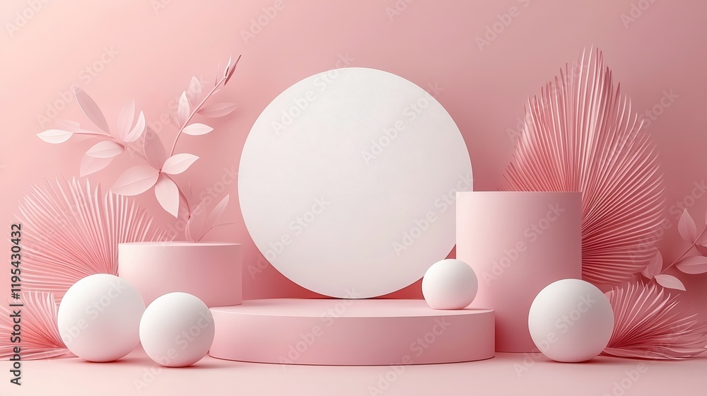 Fototapeta premium Minimalist Pink Product Display: A clean, minimalist product display with a pink and white colour scheme, featuring a round white platform surrounded by pink cylinders, spheres and leaves.