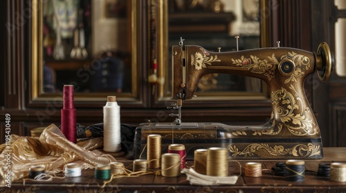 A vintage sewing machine surrounded by colorful threads and fabric, showcasing craftsmanship and creativity. photo