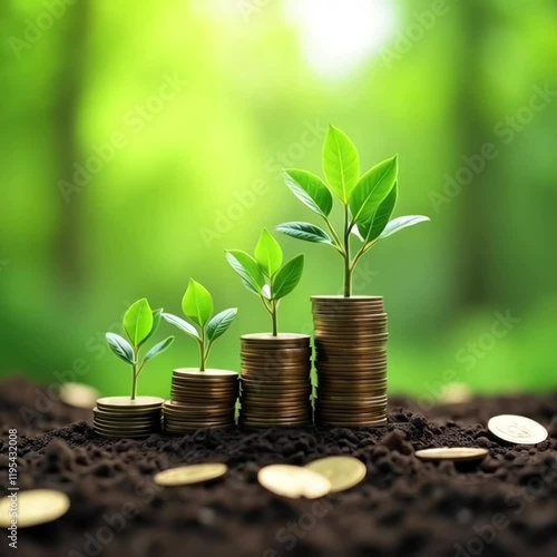 A thriving ecological investment ecosystem, where nature and finance come together. A vibrant green landscape. Coins stacked and scattered on the ground. depicting sustainable investment.