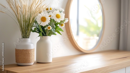 Scandinavian inspired dressing room showcasing natural wood finishes a sleek window and a vase of fresh flowers creating a warm tranquil and harmonious ambiance photo