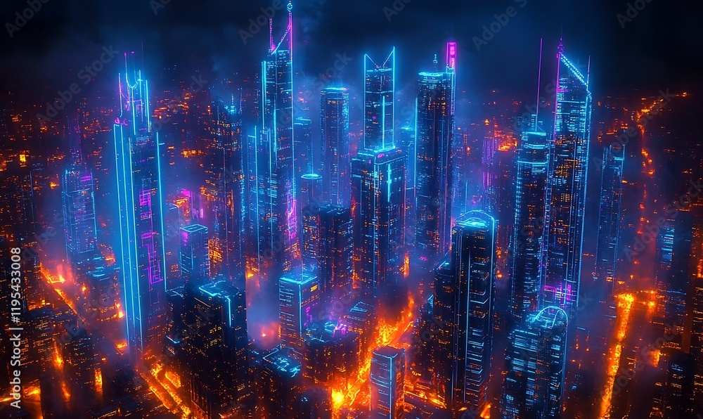 Fototapeta premium skyscrapers with neon blueprints showing smart technologies, data flow, and digital network