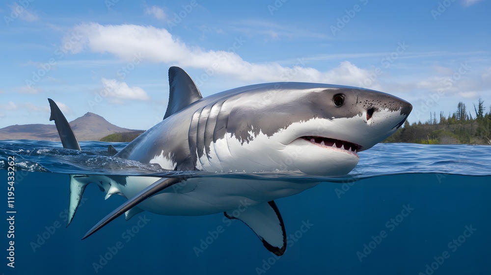 Obraz premium A magnificent great white shark is currently swimming in the ocean