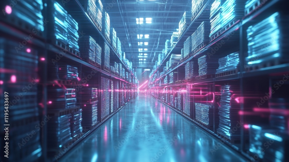 A detailed rendering of a virtual materials warehouse with an accurate representation of stacked materials mirrored in a real physical storage area highlighting efficient inventory A detailed rendering of a virtual materials warehouse with an accurate representation of stacked materials mirrored in a real physical storage area highlighting efficient inventory