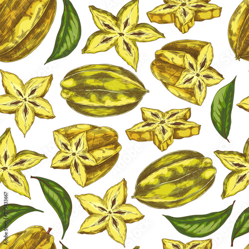 Vector seamless pattern with yellow fruit carambola, made in the style of a hand-drawn sketch