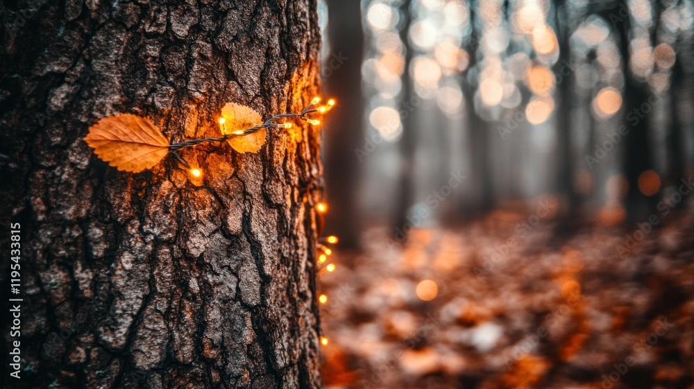 Fairy lights and autumn leaves on a tree trunk in a forest. Fairy lights and autumn leaves on a tree trunk in a forest.