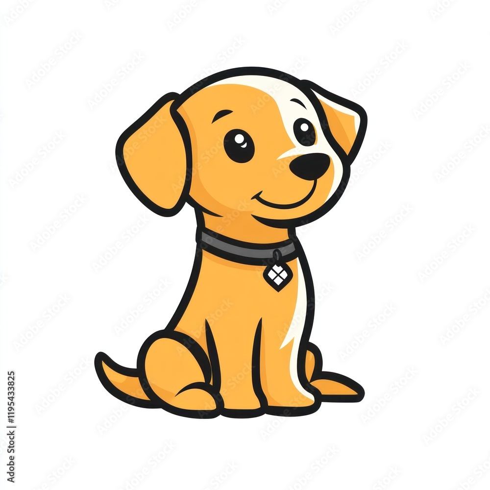 Cartoon yellow puppy sitting with collar, white background, for use in graphics Cartoon yellow puppy sitting with collar, white background, for use in graphics