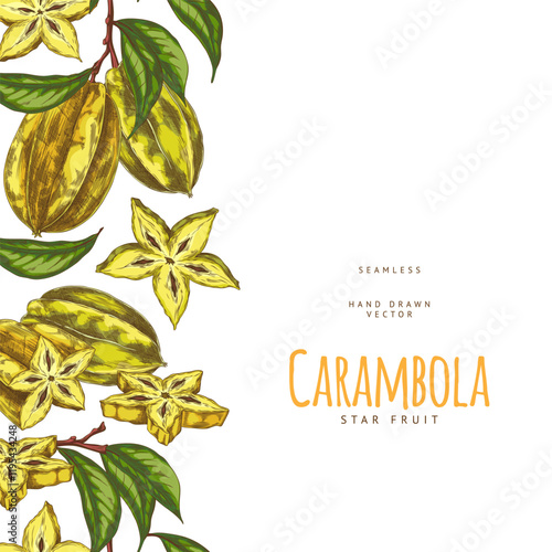 Vector vertical poster with seamless border with tropical fruit carambola, made in sketch style