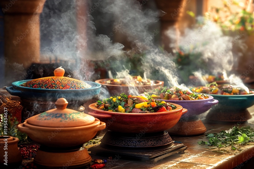 Delicious traditional dishes steaming under the warm sun in a vibrant outdoor setting Delicious traditional dishes steaming under the warm sun in a vibrant outdoor setting