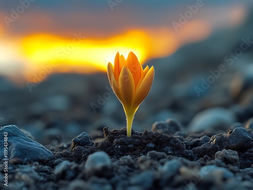 Single orange flower blooming at sunset.