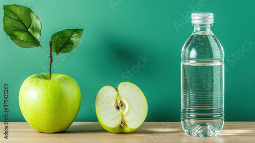 Diet food, A high-fidelity image featuring a crisp apple and a bottle of water, ideal for healthy lifestyle themes and food-related content. photo