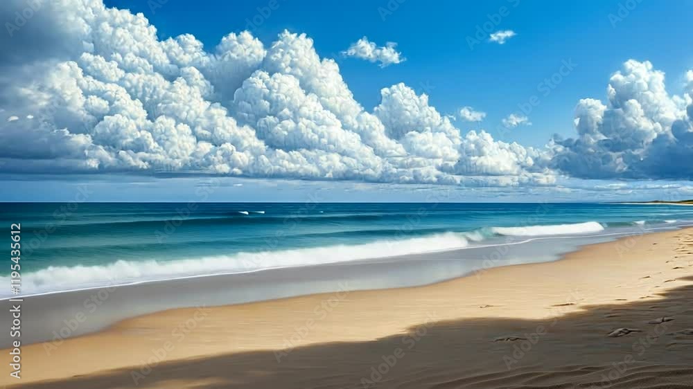 Serene beach scene with person sitting on the sand, under a bright sky with fluffy clouds and gentle waves. Serene beach scene with person sitting on the sand, under a bright sky with fluffy clouds and gentle waves.