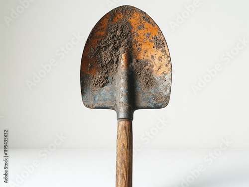 Close-up of a rusty garden shovel head with soil on a light gray background photo