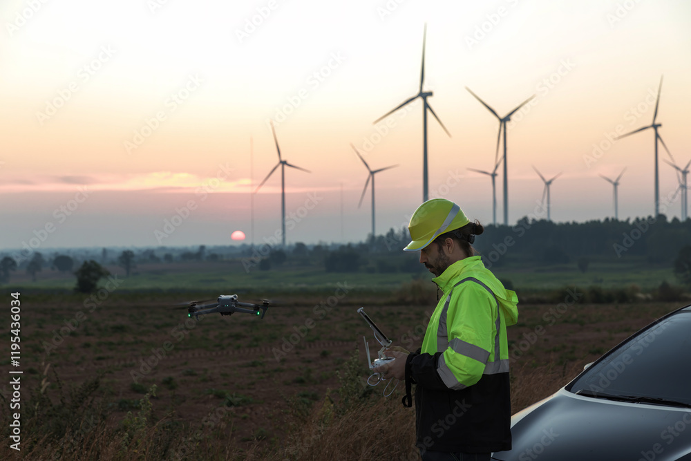 custom made wallpaper toronto digitalSurvey Team Alternative energy for future. Engineers survey and checking wind turbines in sunset. Wind Turbine Renewable energy technology and sustainability.