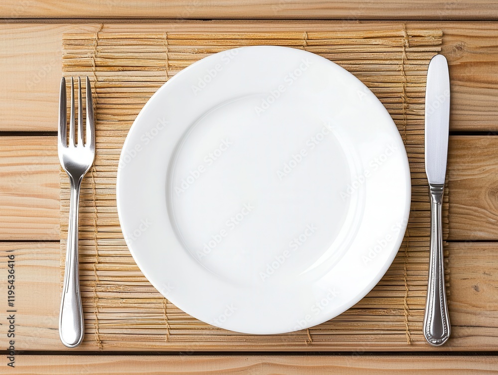 Blank Plate Mockup. A minimalist dining setup featuring a white plate, fork, and knife on a wooden table with a bamboo mat. Blank Plate Mockup. A minimalist dining setup featuring a white plate, fork, and knife on a wooden table with a bamboo mat.