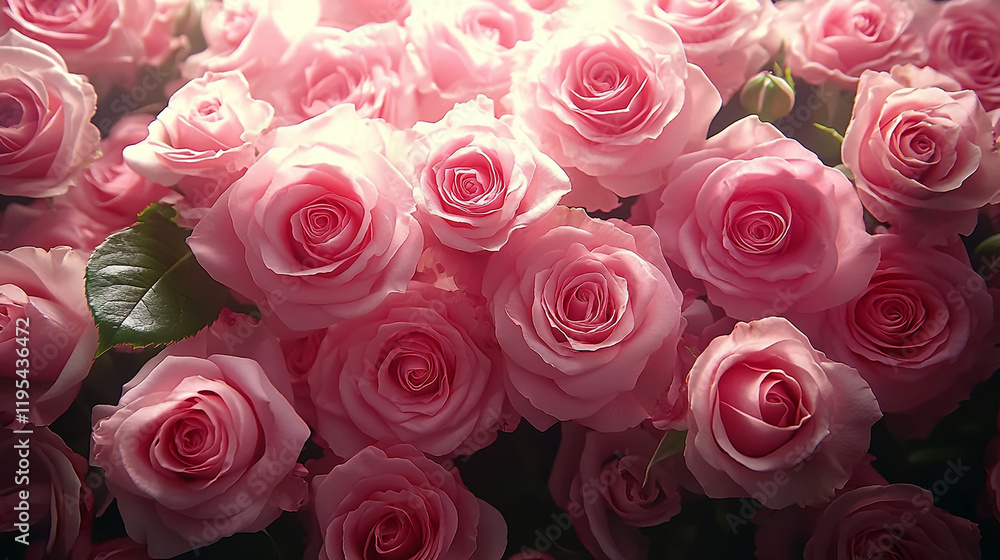 Obraz premium Many Pink Roses in a Vase with Cinematic Lighting Featuring Lush Fern Flowers and Stunning Rose Backgrounds for Floral Inspiration Generative AI