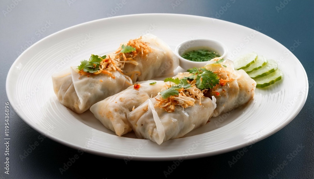 a minimalist shot of halal chicken banh cuon served on a simple white plate a minimalist shot of halal chicken banh cuon served on a simple white plate