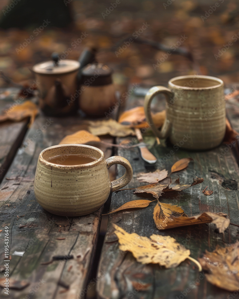 A warm autumn tea session with chai served in ceramic mugs and fallen leaves decorating the table A warm autumn tea session with chai served in ceramic mugs and fallen leaves decorating the table