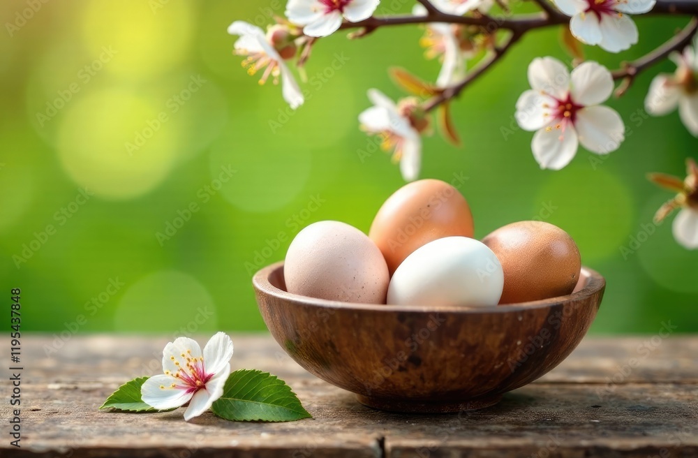 A wooden plate with eggs on a table in the garden against the background of a branch of a blooming apple tree. Spring concept. A wooden plate with eggs on a table in the garden against the background of a branch of a blooming apple tree. Spring concept.