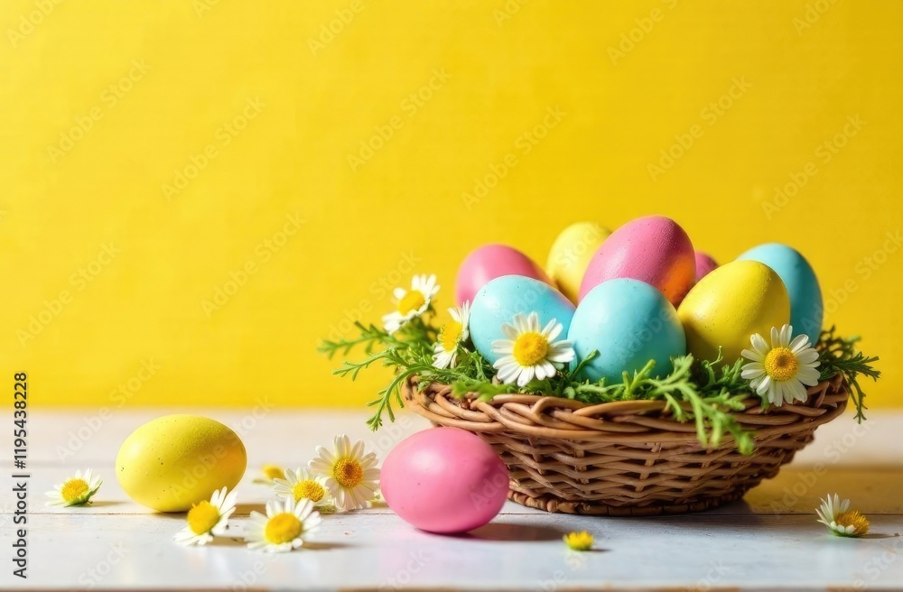 Easter composition with a wicker basket filled with colored eggs and daisies on a yellow background. Easter composition with a wicker basket filled with colored eggs and daisies on a yellow background.