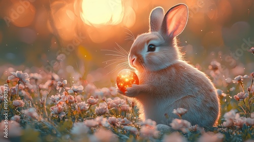 An artistic depiction of a bunny holding a glowing egg as the centerpiece of a sunrise scene. photo