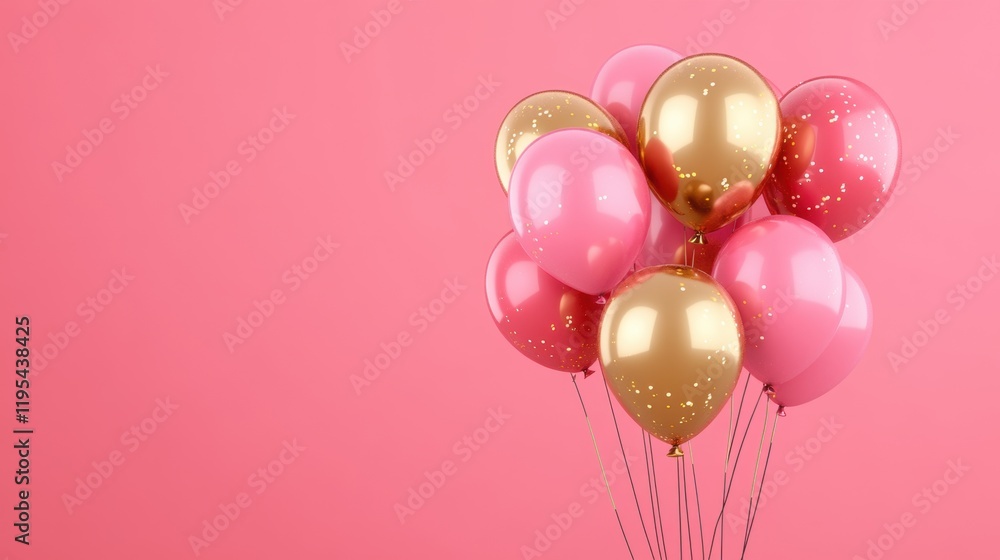 A cluster of helium balloons, all in shades of pink and gold, floating upward with strings trailing down. A cluster of helium balloons, all in shades of pink and gold, floating upward with strings trailing down.
