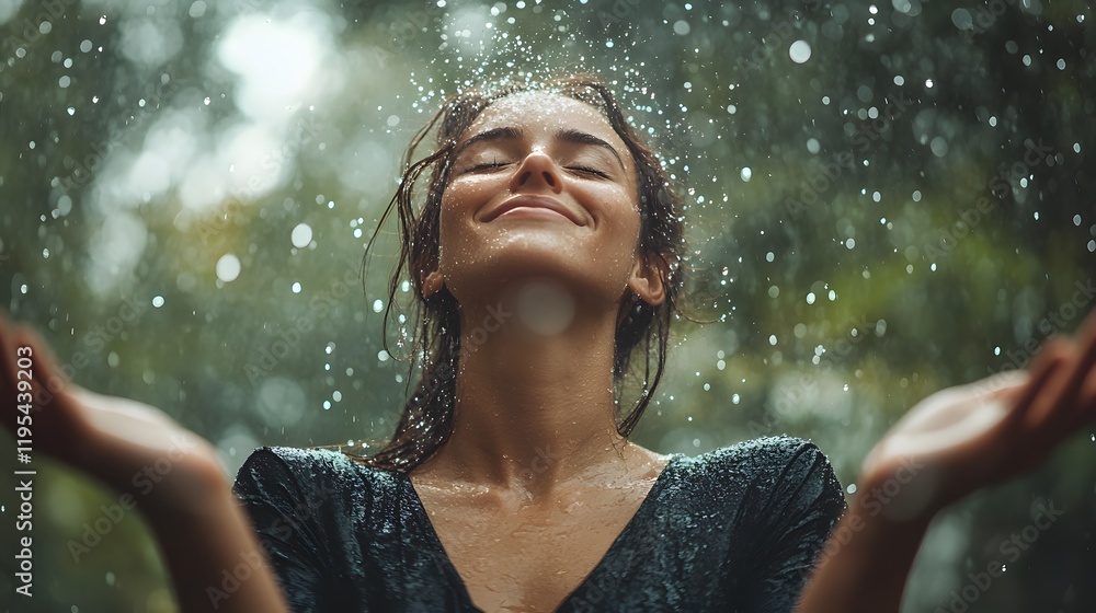 Obraz premium A person standing in the rain with their face tilted upward, eyes closed and arms spread wide, water droplets sparkling in the soft afternoon light, evoking carefree joy