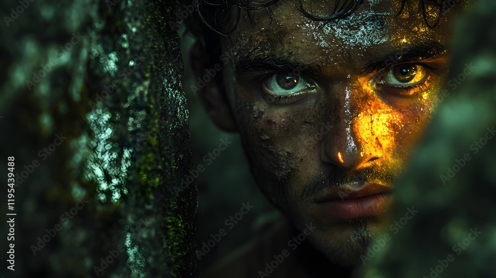 A close-up of a man’s face, lit softly by a single lantern, his eyes wide and reflective, surrounded by ancient, crumbling stone walls covered in moss A close-up of a man’s face, lit softly by a single lantern, his eyes wide and reflective, surrounded by ancient, crumbling stone walls covered in moss