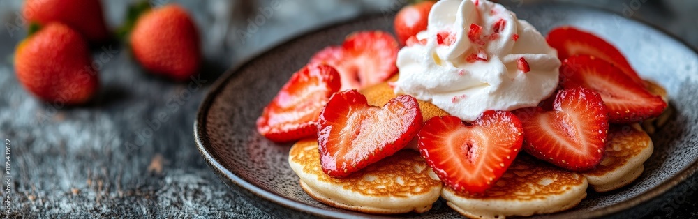 Heart-shaped pancakes topped with strawberries and whipped cream, perfect for a romantic breakfast or Valentine's Day celebration. Heart-shaped pancakes topped with strawberries and whipped cream, perfect for a romantic breakfast or Valentine's Day celebration.