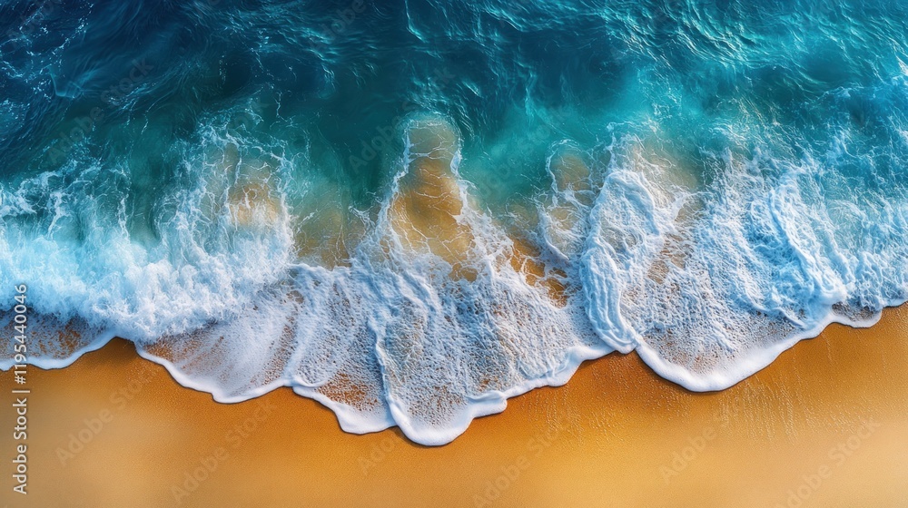 Fototapeta premium Aerial view of ocean waves breaking on sandy beach.