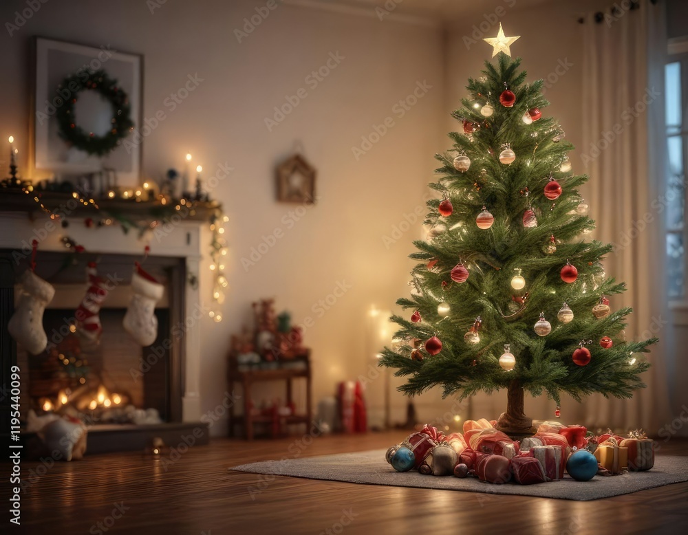 A beautifully lit Christmas Eve tree with ornaments and fairy lights, fairy lights, winter wonderland, natural beauty A beautifully lit Christmas Eve tree with ornaments and fairy lights, fairy lights, winter wonderland, natural beauty