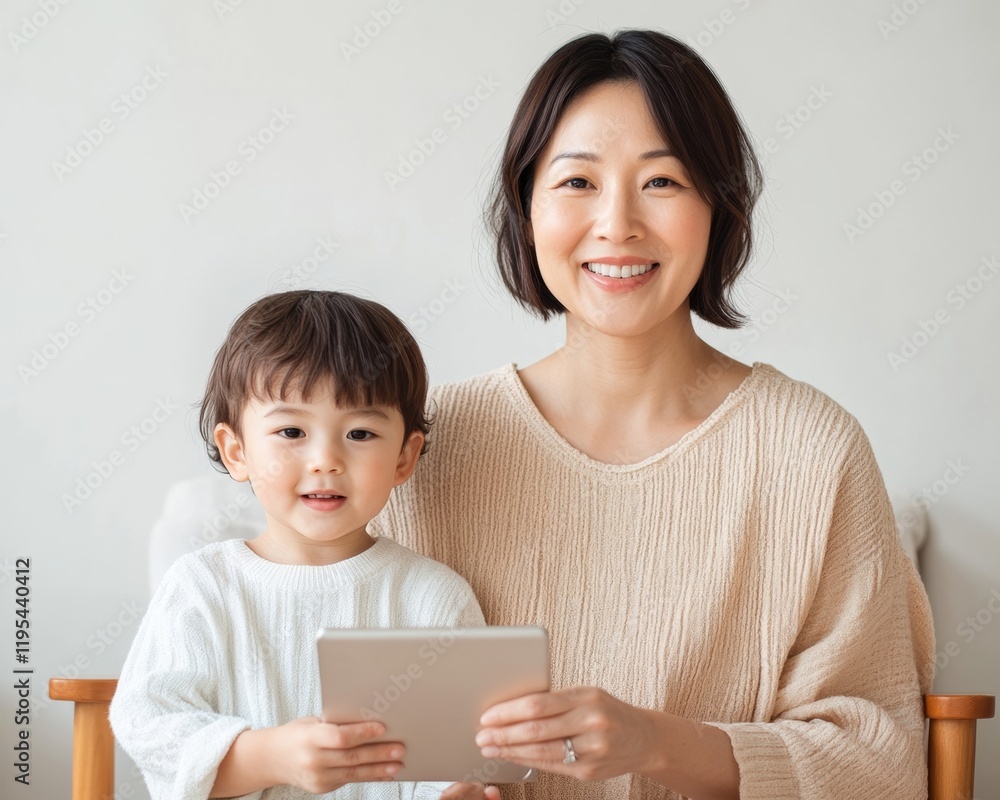 Scandinavian Minimalist Family Portrait Mother and Child with Digital Tablet in Cozy Knitwear - Modern Childhood Engagement and Tech-Focused Family Marketing Scandinavian Minimalist Family Portrait Mother and Child with Digital Tablet in Cozy Knitwear - Modern Childhood Engagement and Tech-Focused Family Marketing