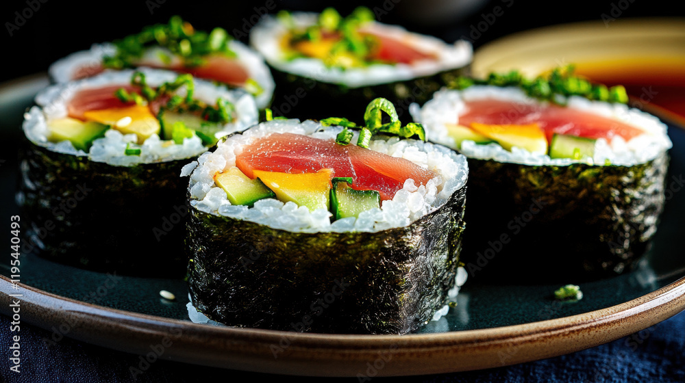 Diet food, A high-quality image of a plate filled with fresh sushi rolls featuring cucumber, perfect for food-related content and stock photography. Diet food, A high-quality image of a plate filled with fresh sushi rolls featuring cucumber, perfect for food-related content and stock photography.